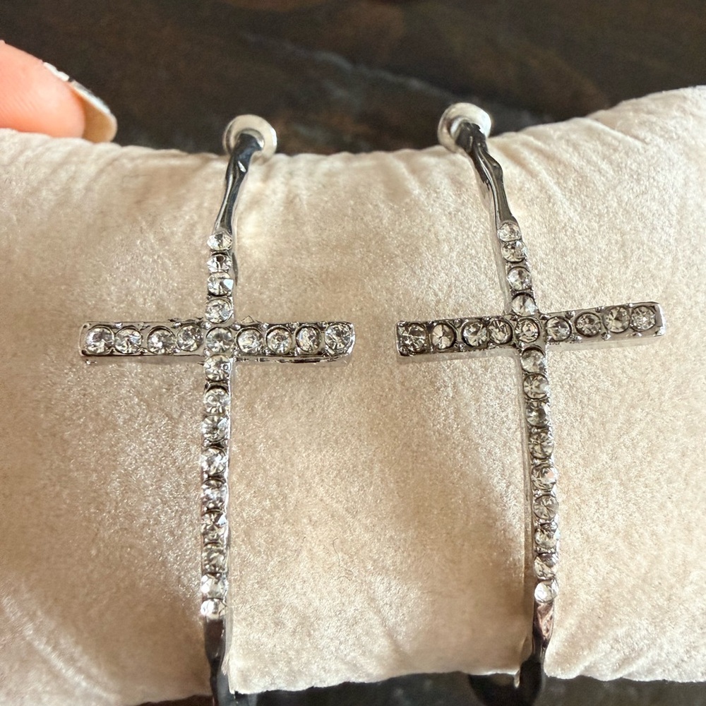Crystal Cross Hoop Earrings - Silver Tone